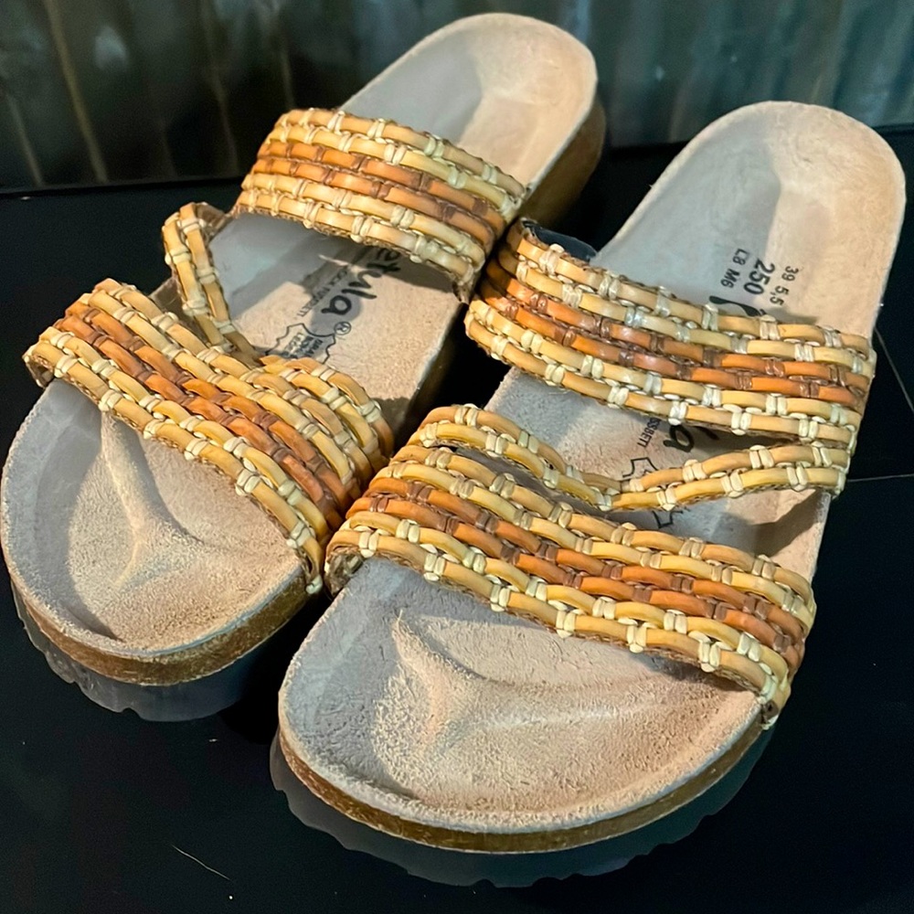 Brown and tan “wood”like Birkenstock sandals